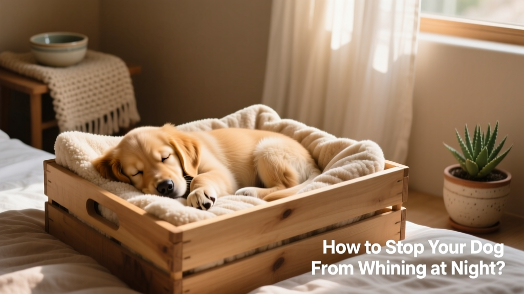 A calm, sleepy puppy resting peacefully in a cozy crate with soft bedding