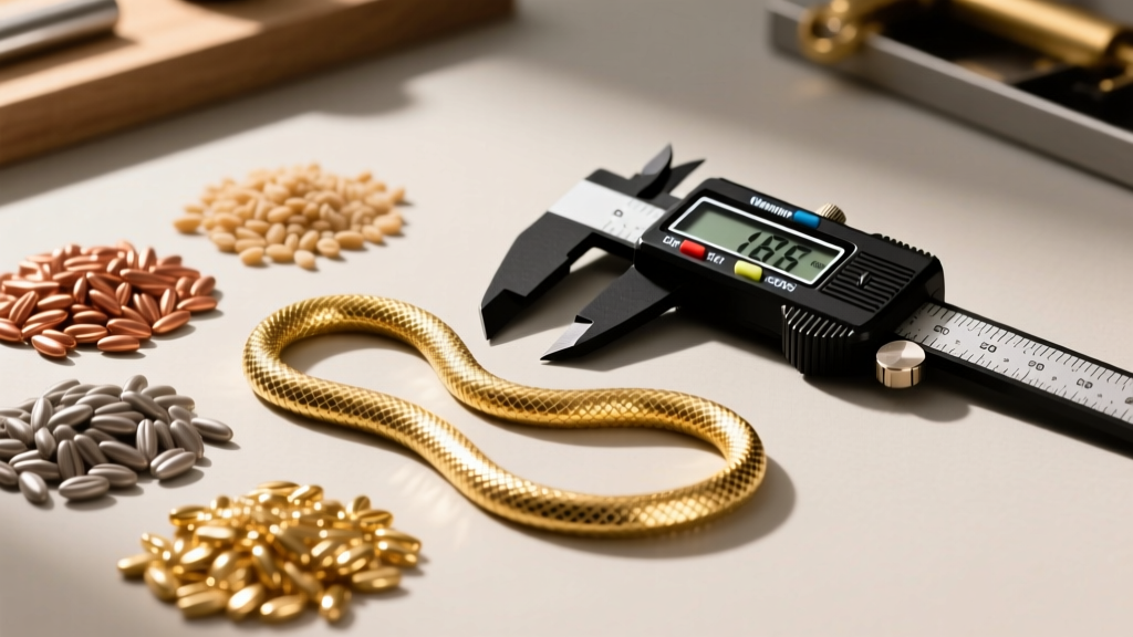 Workbench displaying raw copper, zinc, and pure gold grains next to a finished 18k cherry gold snake chain and a digital caliper.
