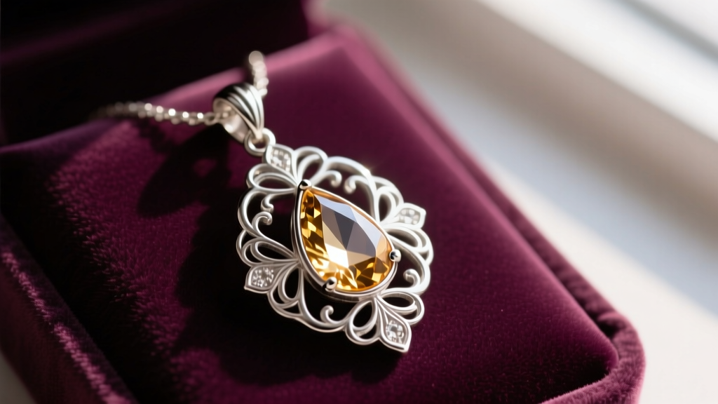 Sterling silver Arwen Evenstar pendant on velvet, displaying intricate floral filigree and central teardrop crystal in warm light.