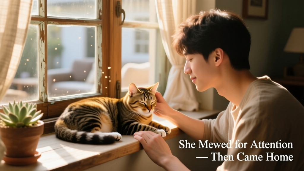 A person gently petting a relaxed tabby cat on a sunlit windowsill, both appearing calm and content