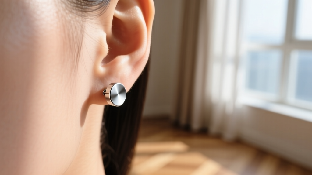 Macro view of titanium stud earring highlighting smooth nickel-free post against soft skin in bright natural daylight setting