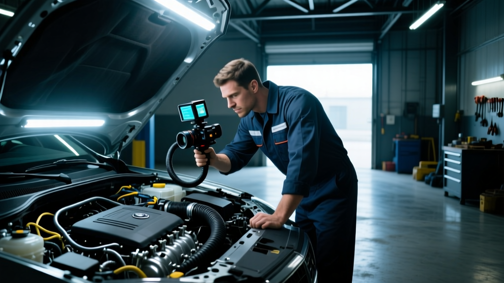 Mechanic using a flexible digital inspection camera to examine a car engine bay illuminated by bright LED work lights in a dark garage