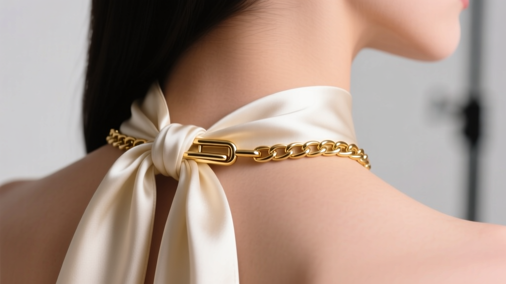 Close-up of the nape showing a hidden magnetic barrel clasp on a gold chain, positioned just below a tied silk halter top strap
