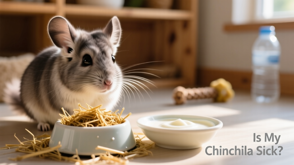 Close-up of timothy hay and a small dish of plain yogurt beside a chinchilla's food bowl