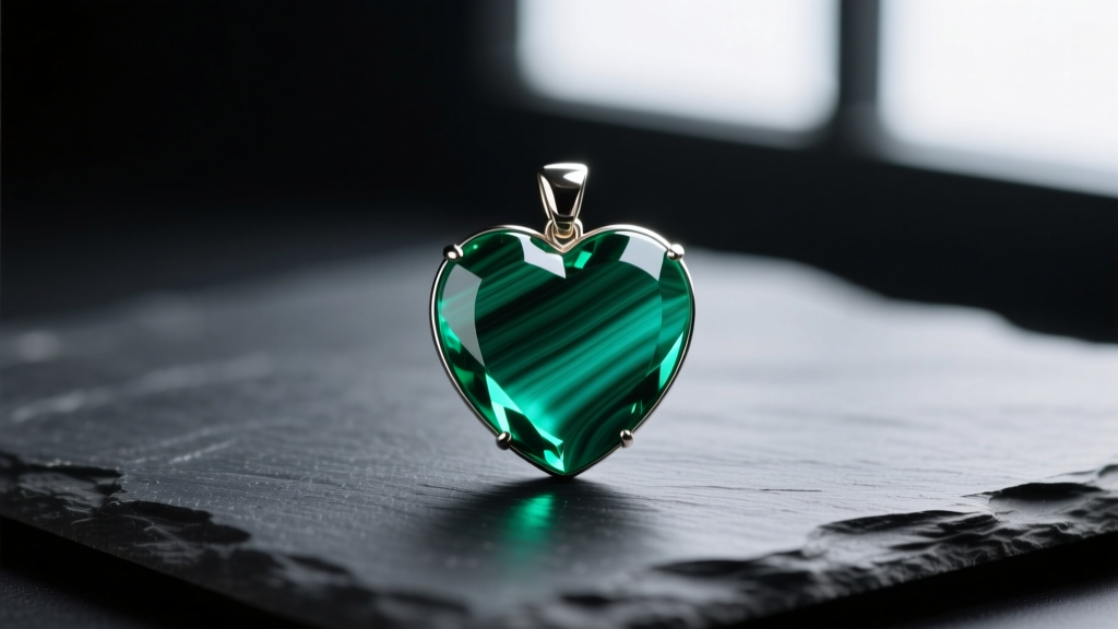 Close-up of a vibrant malachite green heart necklace pendant resting on dark slate, illuminated by soft diffused natural light.