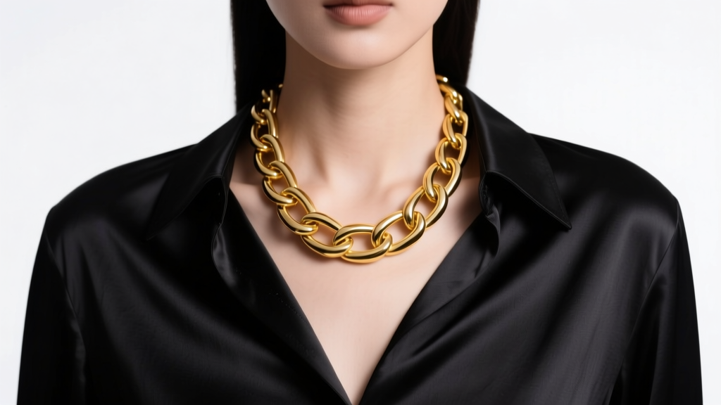 Model wearing a polished 15mm solid 14k yellow gold big link chain necklace over a black silk blouse under soft studio lighting