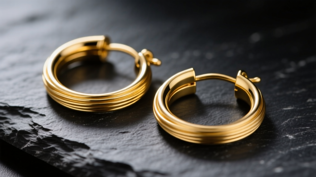 Macro shot of 14k yellow gold flat wire hoop earrings on dark slate, highlighting the brushed texture and clicker hinge