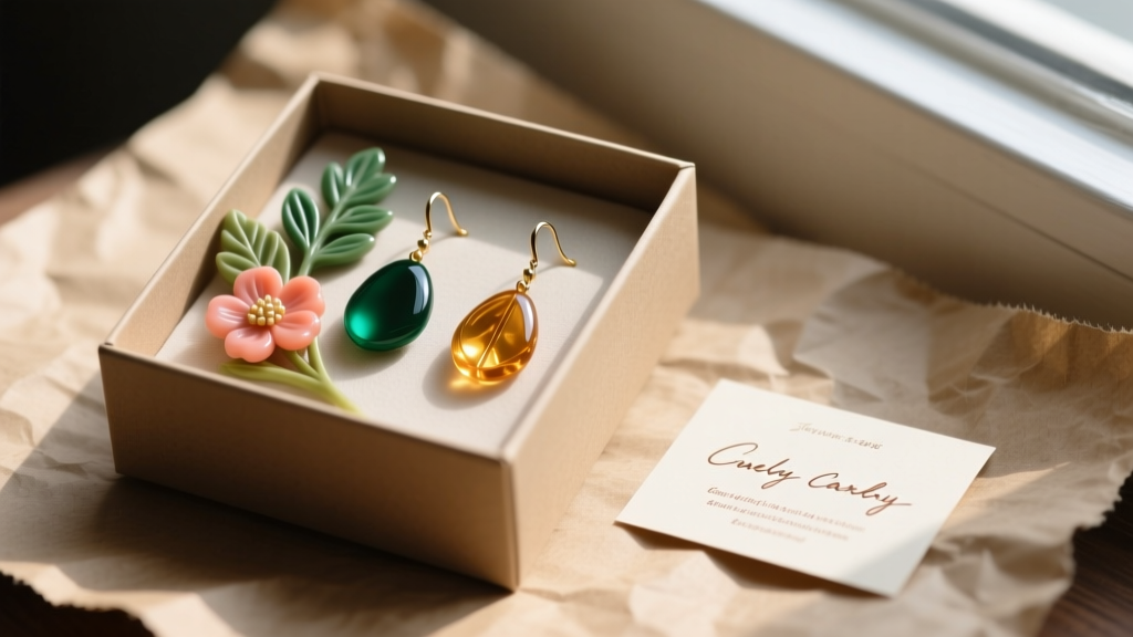 Gift box holding botanical polymer clay drop earrings nestled in kraft paper beside a handwritten jewelry care and instruction card