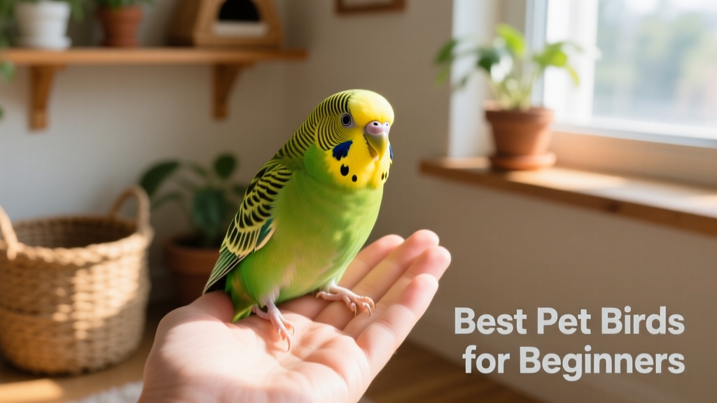 A cheerful budgie perched on a hand, looking alert and friendly