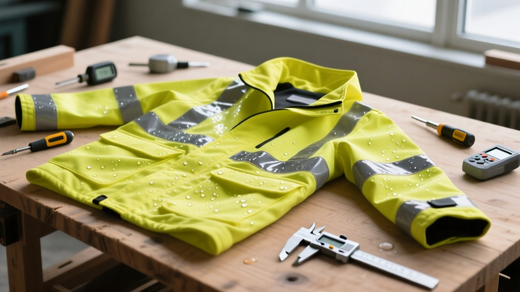Close-up of a high-visibility construction work coat with water beading on the PTFE membrane surface, laid out on a wooden workbench with testing gear