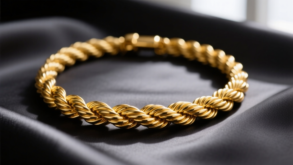 Close-up of a thick 18k yellow gold twisted rope necklace on dark charcoal silk, highlighting the intricate metal spiral texture