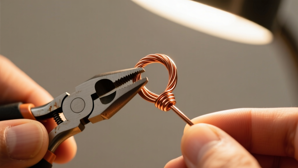 Close-up of hands using flat-nose pliers to create a tight wire-wrapped loop on a 20-gauge raw copper wire, illuminated by desk lamp.