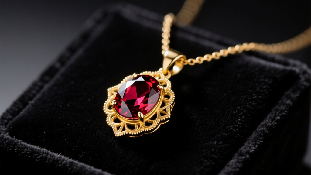 Macro shot of a 14k yellow gold pendant necklace with a deep red almandine garnet resting on a dark velvet jewelry display pad.