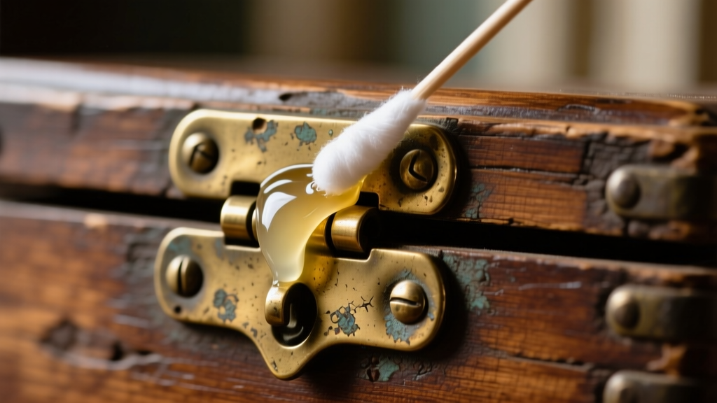 Macro shot of a tarnished brass hinge on a vintage box being polished with a cotton swab and clear microcrystalline wax.