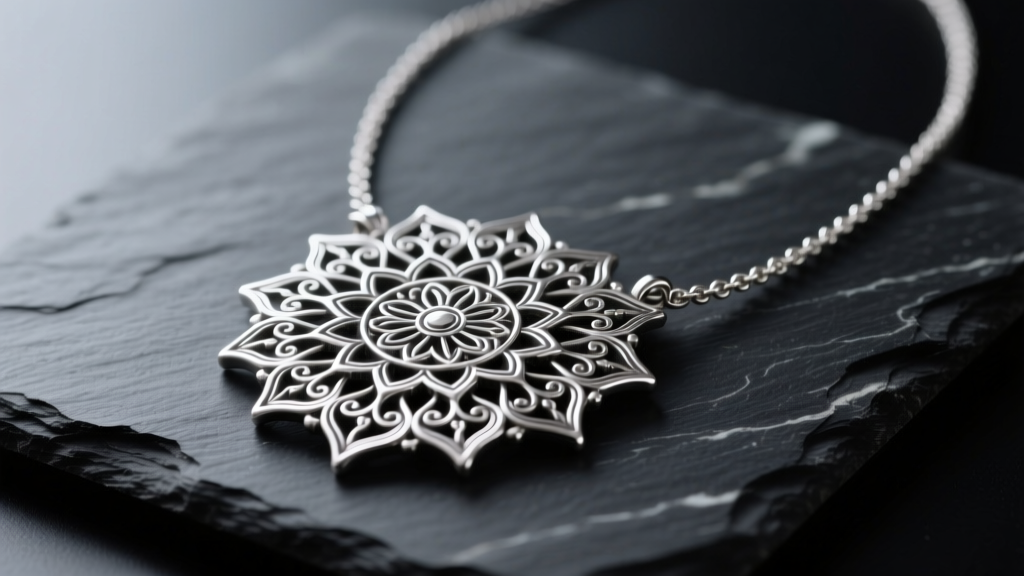 Close-up of a sterling silver mandala necklace with oxidized filigree details resting on dark slate under soft studio lighting.