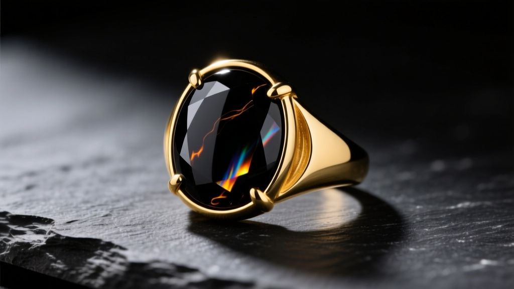Polished black onyx cabochon set in a thick 14k yellow gold bezel ring, resting on dark slate, moody studio lighting macro