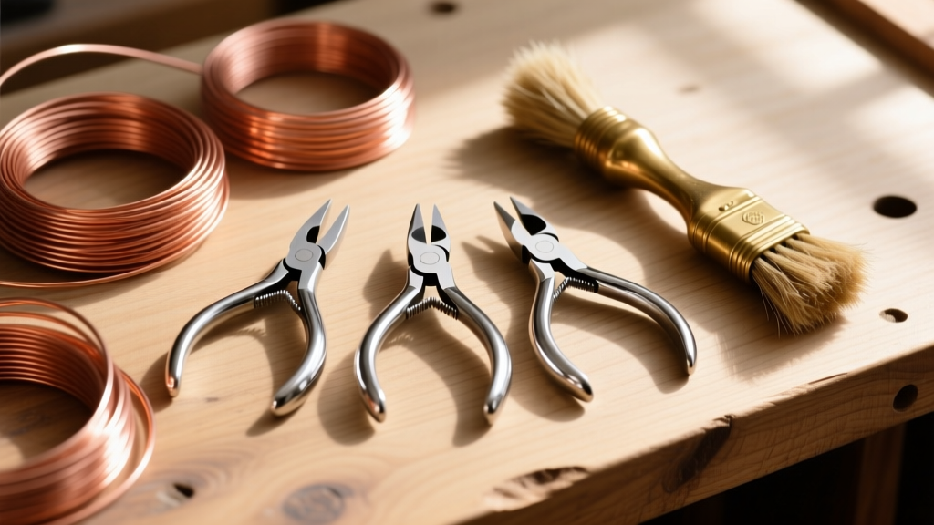 Three pairs of precision pliers for jewelry resting on a wooden workbench, surrounded by coiled copper wire and a brass brush.
