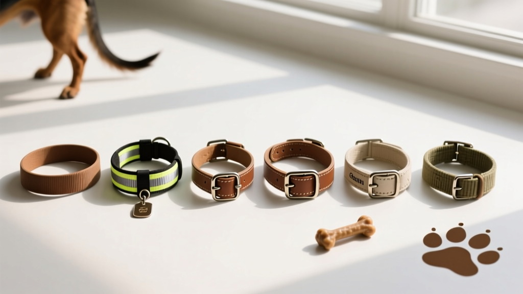 Side-by-side comparison of six different dog collar types laid out on a clean white surface