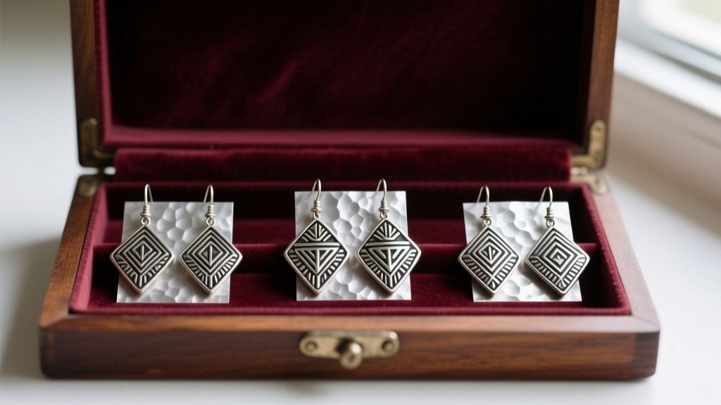 Three pairs of restored 80s mens silver tribal earrings organized in a velvet-lined wooden valet box with anti-tarnish strips.