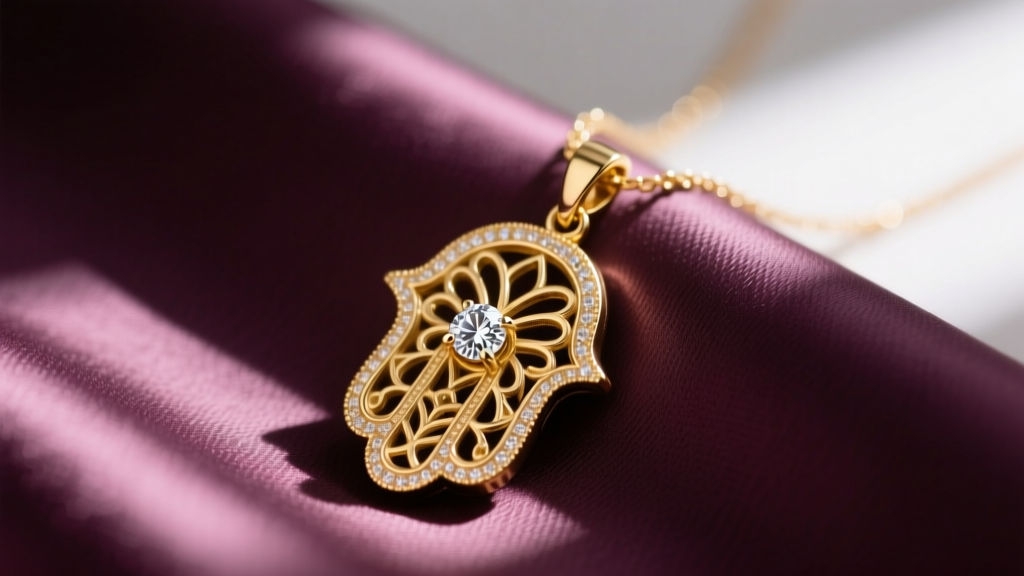 Close-up of a 14k solid gold Ava Ro hamsa necklace resting on silk, featuring a tiny bezel-set diamond in the center palm