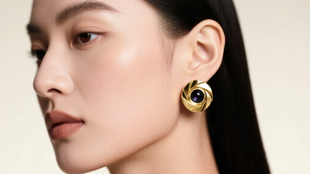 Close-up of a model wearing gold aperture-shaped stud earrings, soft studio lighting highlighting intricate metallic lens details