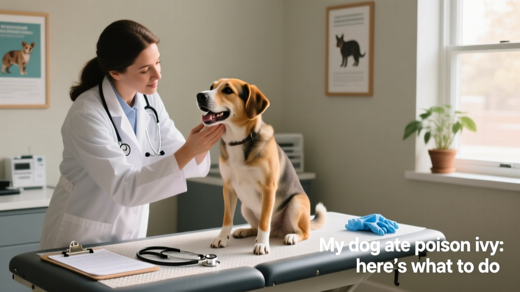 Veterinarian gently examining a calm dog’s mouth and paws during an office visit, with clean exam table and medical tools visible