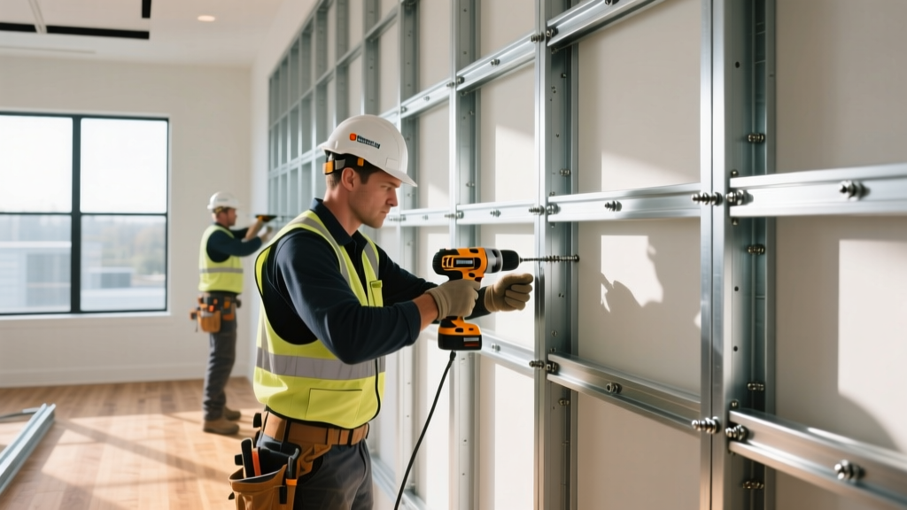 Commercial contractors installing 20-gauge galvanized steel wall studs and tracks with self-drilling screws in a bright interior space