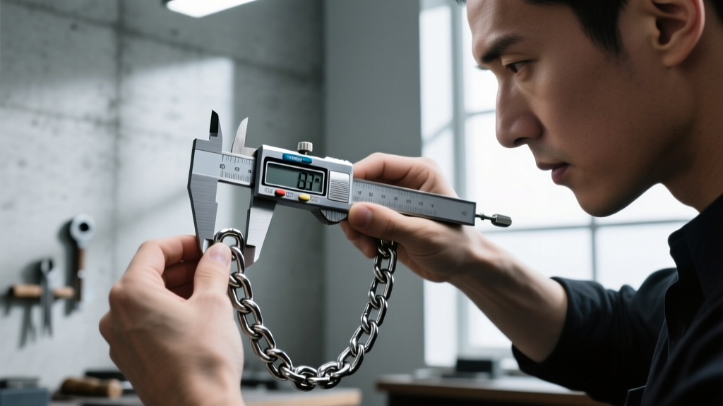 Jeweler using digital calipers to measure a tungsten carbide curb chain link, verifying exact width and manufacturing tolerances