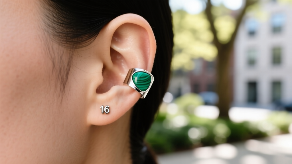 Profile of ear wearing a 16-gauge Argentium silver cuff with green malachite, lit by soft natural window light outdoors.