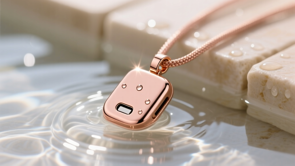 Waterproof magnetic USB-C charging cable snapping onto flush contacts of a rose gold intimacy pendant submerged in shallow water