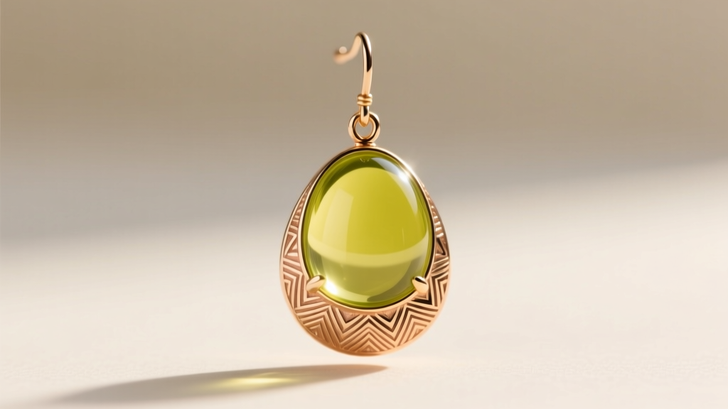 Close-up of a guilloche enamel chartreuse drop earring with translucent yellow-green glass over engine-turned 18k rose gold base