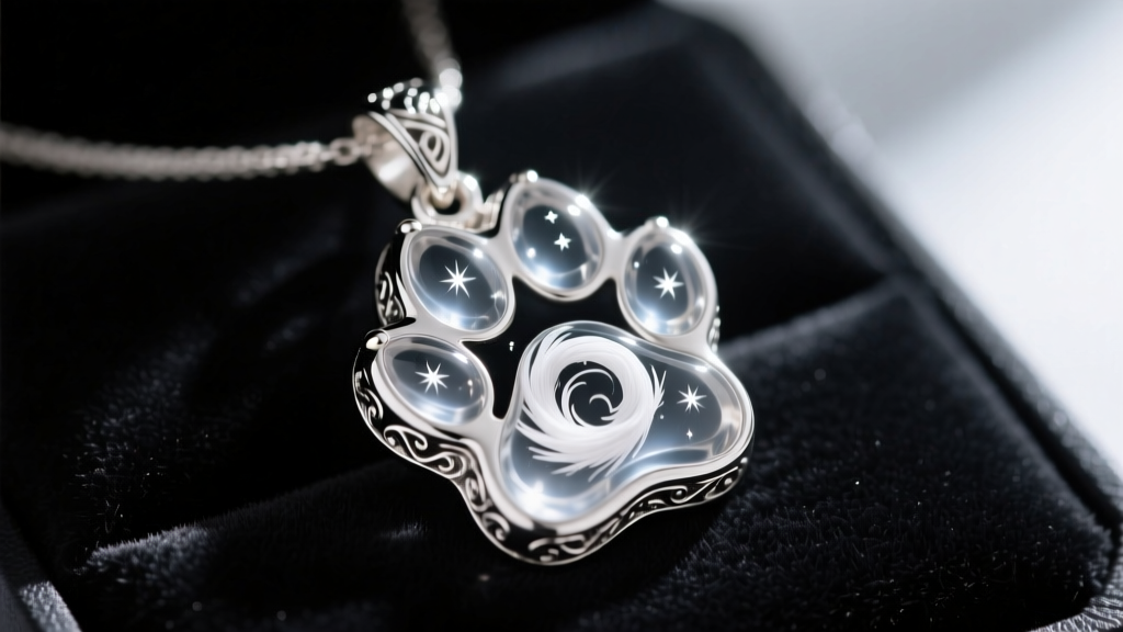Close-up of a sterling silver paw print pendant with fine white pet ashes suspended in clear epoxy resin on dark velvet.