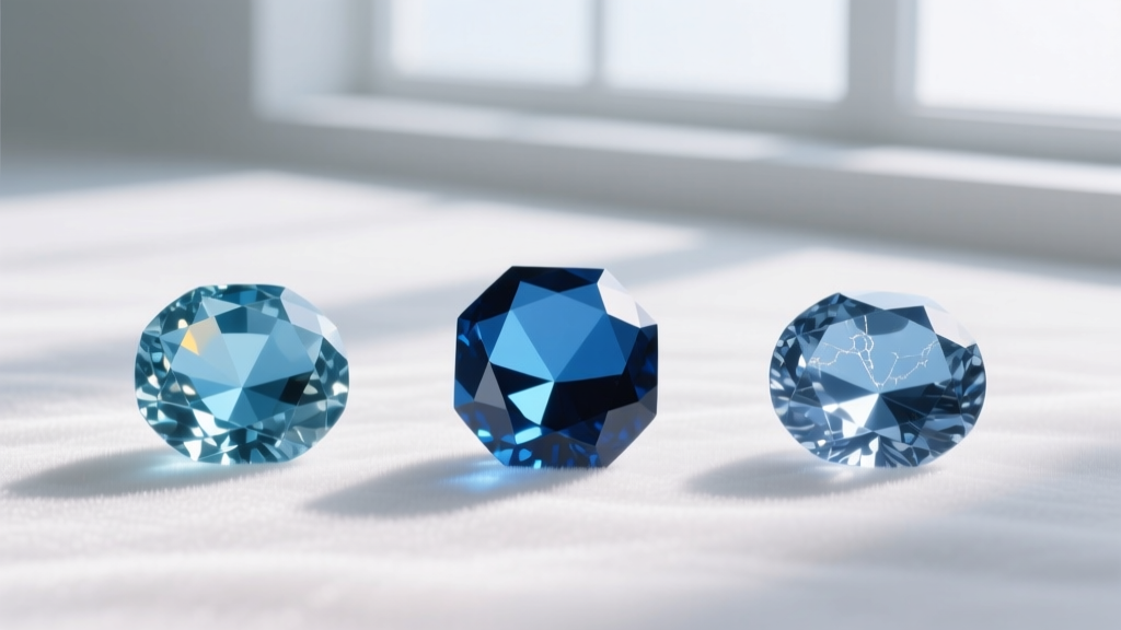 Side-by-side comparison of sky, Swiss, and London blue topaz loose stones showing color depth variations on white velvet.