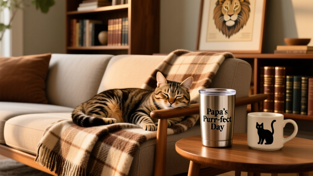 A cozy living room scene showing a cat napping on a plaid throw blanket draped over a sofa, next to a personalized tumbler and mug