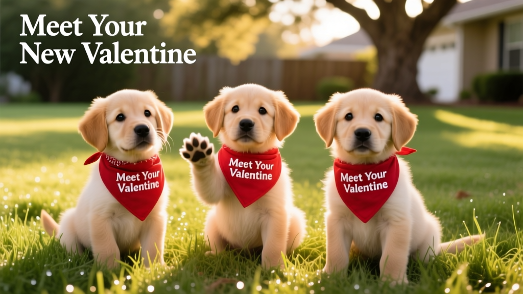 Three playful puppies sitting side by side on a sunlit grassy patch, each wearing a red bandana