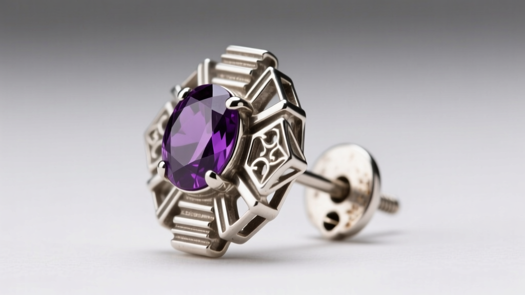 Side view of vintage sterling silver art deco amethyst stud earring displaying an original 1930s screw-back metal earring finding.