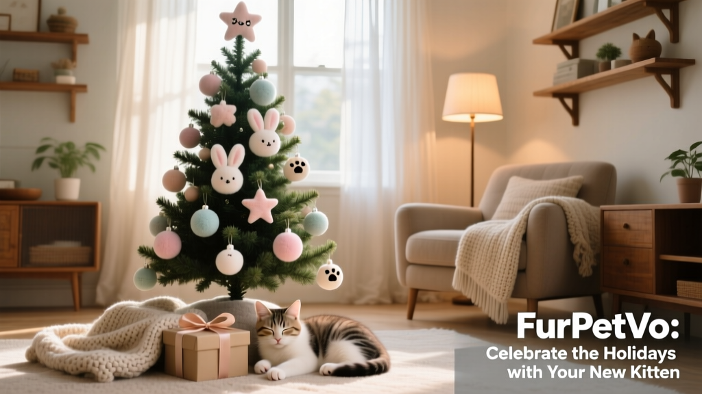 A cozy living room with a FurPetVo-branded artificial Christmas tree, soft plush ornaments, and no hazardous plants in sight