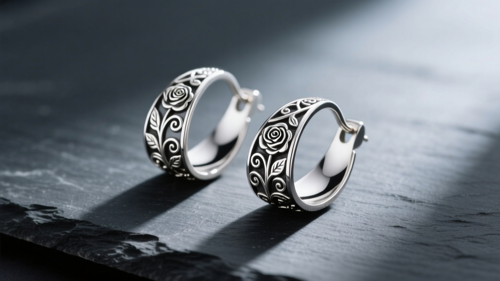 Sterling silver spoon earrings resting on dark slate, revealing intricate engraved floral patterns on the curved metal bowls.