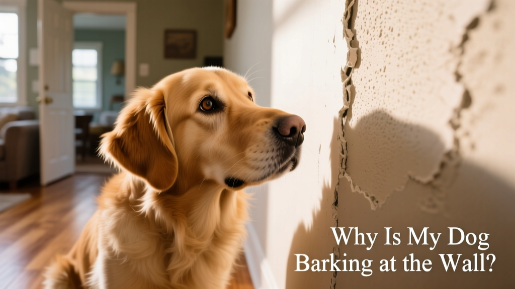 Close-up of a dog intently staring at a section of drywall, ears perked and body tense