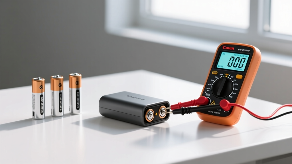 Sealed proprietary smart lock battery pack next to standard AA lithium batteries with a digital multimeter probing the terminals.