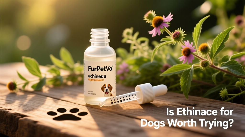 Bottle of FurPetVo echinacea supplement for dogs alongside measuring dropper and leafy background