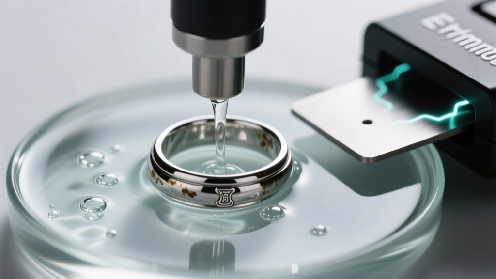 Ionic electronic jewelry cleaner showing dark tarnished silver submerged in an electrolyte solution near a conductive metal plate