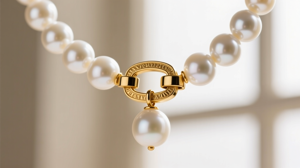 Close-up of a magnetic clasp on a big fake pearl necklace, showing the gold-plated brass mechanism securing the heavy strand