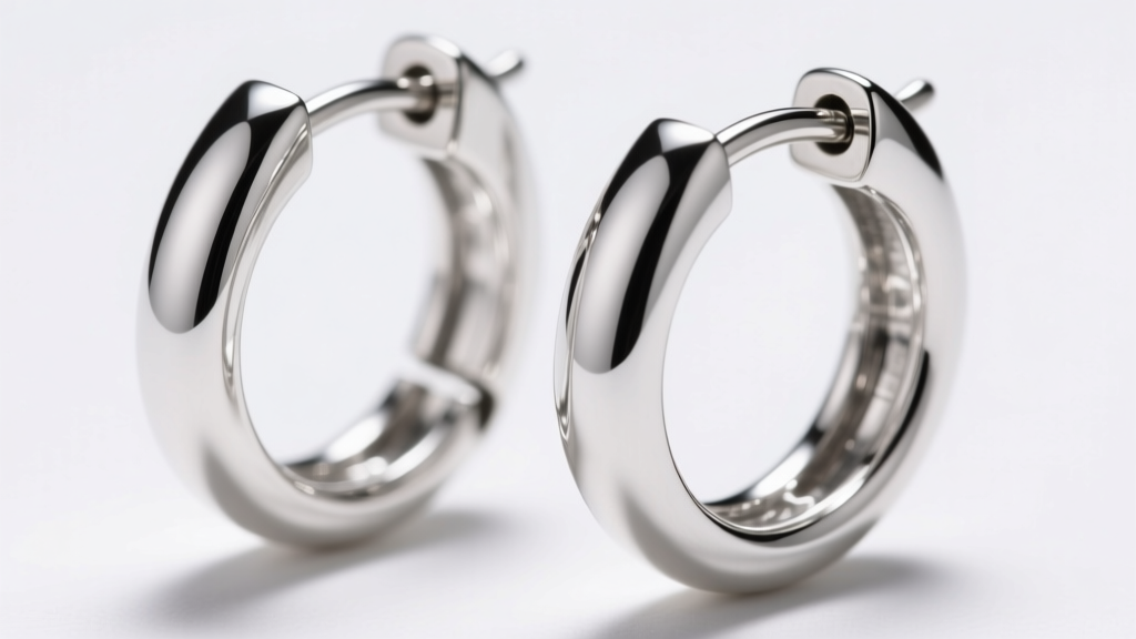 Macro shot of an Argentium silver double hoop earring clasp mechanism, showing the seamless hinge and high-polish rhodium plating finish.