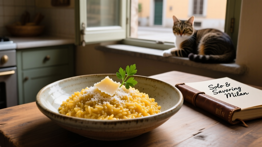 A close-up of traditional Milanese risotto alla milanese served in a ceramic bowl