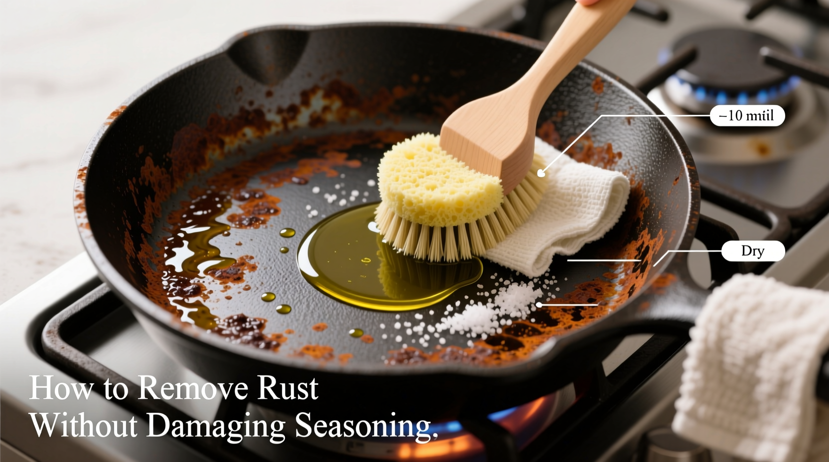 how to remove rust from cast iron pans without damaging the seasoning