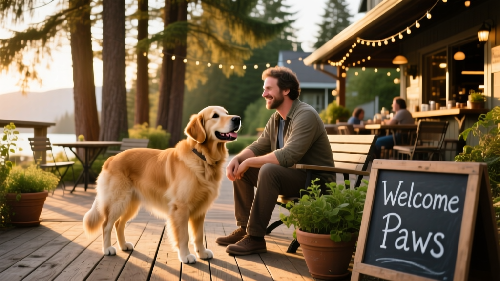 A dog stands beside owner sitting down on a dog-friendly patio.