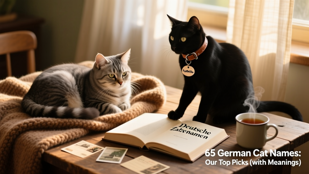 A cozy indoor scene with two cats—one curled on a wool blanket, the other perched beside a book titled 'Deutsche Katzennamen' and a FurPetVo collar tag
