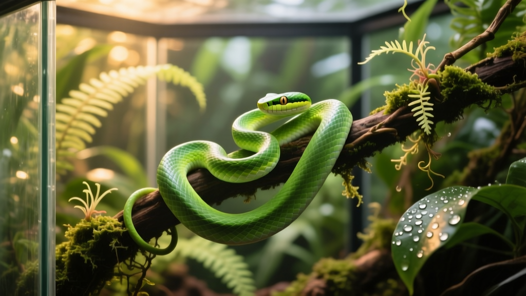 A smooth green snake resting on a vine amid lush green foliage inside a planted terrarium