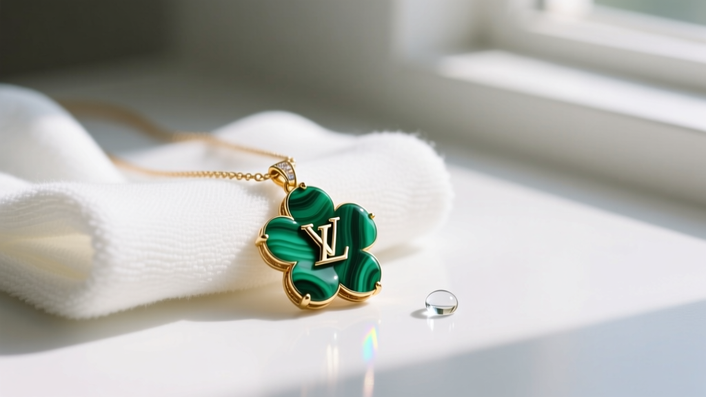 Soft microfiber cloth gently wiping the malachite floral pendant of an LV Floragram necklace, with distilled water nearby.
